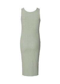 Geripptes, ärmelloses Midikleid in Salbeigrün. Figurbetonte Silhouette mit Rundhalsausschnitt und glatter Textur. Keine sichtbaren Verschlüsse oder Muster.