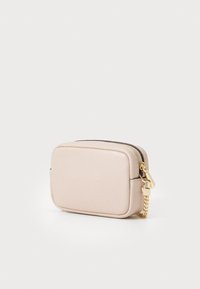 Pink leather bag with a textured finish, rectangular shape, top zipper closure, and gold-toned hardware. Compact and versatile design.