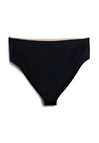 Juodas bikinio dugnas su aukštu liemeniu, turintis kontrastingą šviesiai rudos spalvos liemenėlę. Lygi tekstūra, be raštų ar papuošimų.