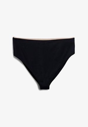 Bas de bikini noir avec un design taille haute, présentant une ceinture contrastante couleur caramel. Texture lisse, sans motifs ni embellissements.