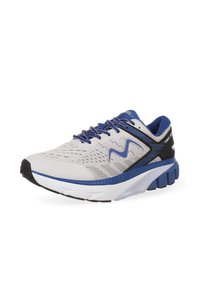 Zapatilla deportiva en blanco y azul con parte superior de malla, puntera reforzada y suela gruesa y acolchada. Presenta detalles en negro y azul.