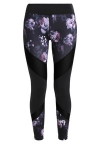 Zwarte leggings met een bloemenpatroon in paars en roze, met zwarte paneelaccenten aan de zijkanten en een gladde textuur.