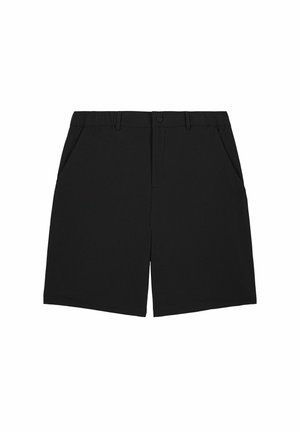 Pantaloni corti neri in tessuto liscio, con chiusura a bottone e due tasche laterali. Taglio dritto e design al ginocchio. Stile casual.