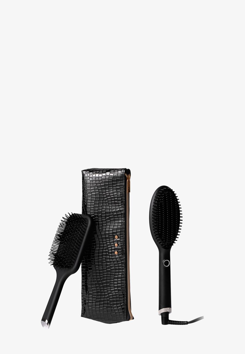 Two black hairbrushes with textured bristles and a glossy, crocodile-patterned storage case featuring a zipper and metallic accents.