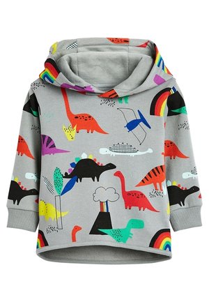 Szara bluza z kapturem z kolorowymi wzorami dinozaurów i tęczy, wykonana z miękkiego materiału, o luźnym kroju i ściągaczach na końcach rękawów.