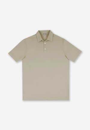 Polo beige in tessuto morbido, maniche corte, colletto con tre bottoni, vestibilità classica con orlo cucito e senza motivi visibili.