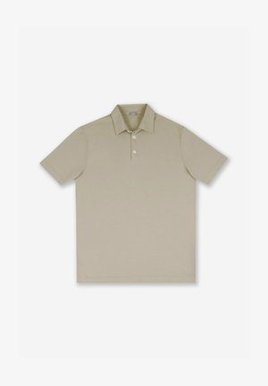 Beige Poloshirt aus weichem Stoff, kurzärmlig, Kragen mit drei Knöpfen, klassische Passform mit angenähtem Saum und ohne sichtbare Muster.