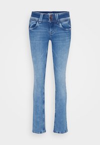 Light blue denim jeans with a slim fit, straight leg, two front pockets, two back pockets, and a button-fly closure.