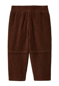 Pantalons en velours côtelé marron avec une texture en relief, dotés d'une taille élastique et d'un design droit, longueur mi-mollet.