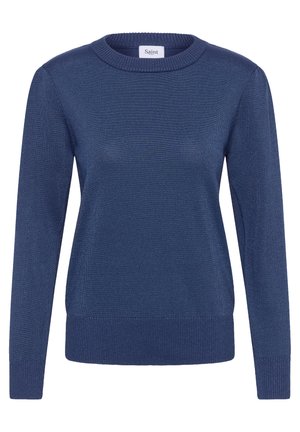 Kraagloze lange mouwen sweater van een effen marineblauwe brei met geribde manchetten, zoom en halslijn, gelabeld "Saint" op de kraag.