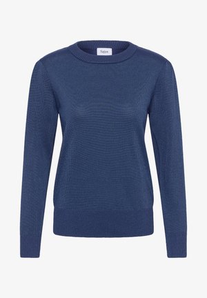 Kraagloze lange mouwen sweater van een effen marineblauwe brei met geribde manchetten, zoom en halslijn, gelabeld "Saint" op de kraag.