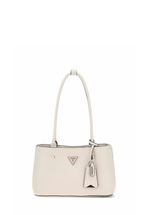 Sac à main gris clair avec une forme rectangulaire structurée, texture lisse, design minimaliste, accents dorés et un détail de logo en forme de triangle.