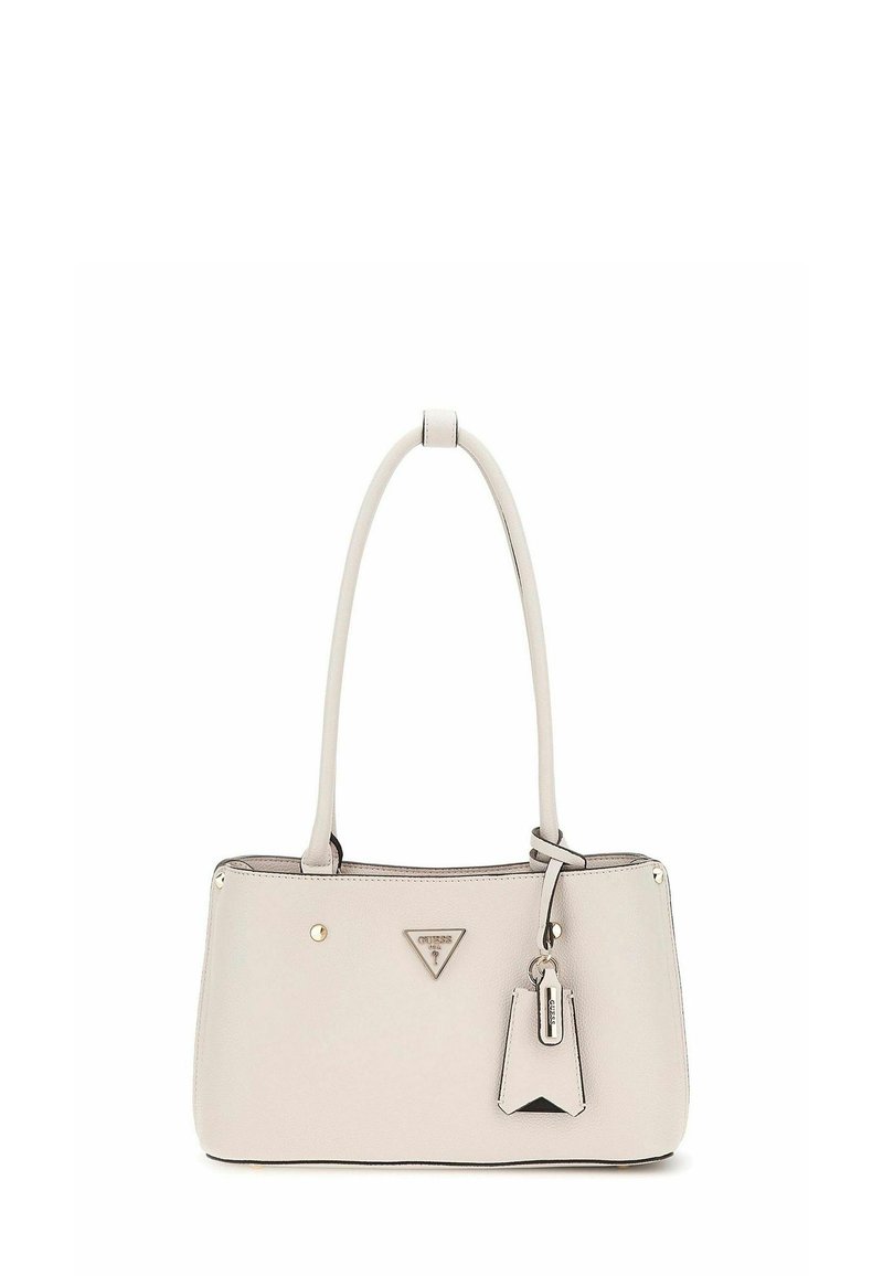 Sac à main gris clair avec une forme rectangulaire structurée, texture lisse, design minimaliste, accents dorés et un détail de logo en forme de triangle.