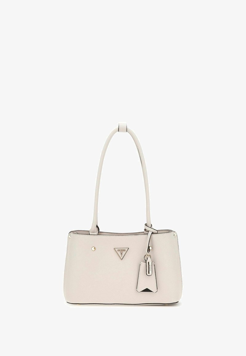 Sac à main gris clair avec une forme rectangulaire structurée, texture lisse, design minimaliste, accents dorés et un détail de logo en forme de triangle.