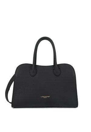 Zwarte leren handtas met dubbele handvatten en een zijriem, met het gouden "Lancaster Paris" logo centraal aan de voorkant.