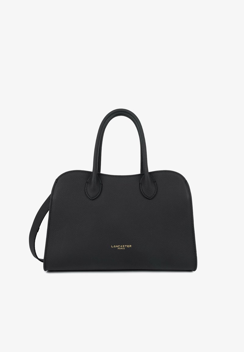 Sac à main en cuir noir avec deux poignées et une sangle latérale, arborant le logo doré "Lancaster Paris" centré sur le devant.