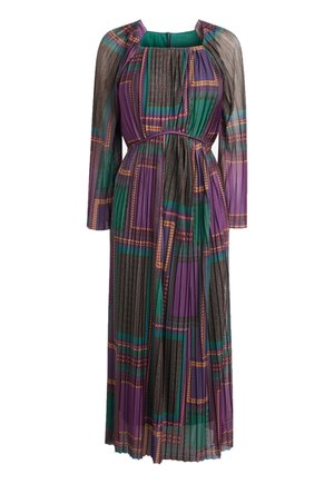 Pitkähihainen laskostettu maksimekko, jossa on neliönmuotoinen pääntie, violetti ja vihreä geometrinen kuvio sekä istuva vyötärönauha.