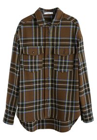 Chemise à carreaux bruns à boutons avec une coupe décontractée, deux poches poitrine, et des accents bleus et jaunes sur un tissu doux et texturé.