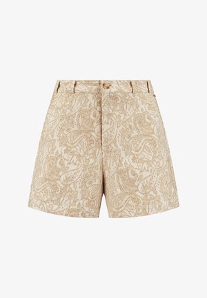 Beez šortsid, millel on tekstuuriga paisleimuster, ees nupusuletus ja vöölõngad. Materjal näib kerge ja kootud.