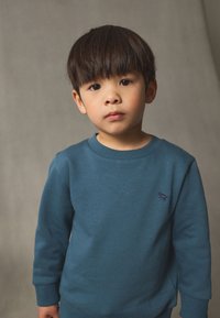 Sweatshirt bleu en tissu doux, col rond, poignets côtelés, avec un petit logo violet sur le côté gauche de la poitrine. Fond neutre.