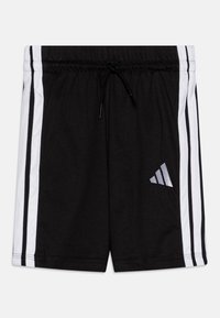 Svarta atletiska shorts i lätt material, med vita sidostrikar och en liten silverlogo på nedre vänstra sidan. Elastisk midja med dragsko.