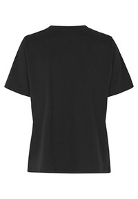 Zwarte T-shirt met korte mouwen en een ronde hals, gemaakt van katoen. De achterkant is eenvoudig zonder patronen of accenten.