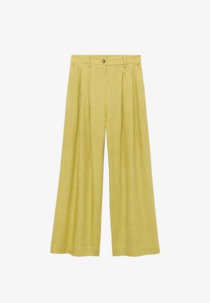 Szerokie spodnie w jasnym odcieniu żółtego, z teksturowanym prążkowanym wzorem, wysokim stanem i zapięciem na przedni guzik, w luźnym kroju.