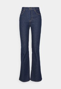 Ausgestellte Jeans aus dunkelblauem Denim mit hoher Taille, kontrastierenden Nähten, vorderen Taschen und einem Knopfverschluss. Glatter, mittelgewichtiger Stoff.