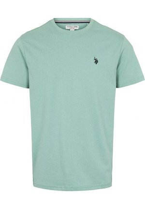 Hellgrünes T-Shirt mit kurzen Ärmeln und Rundhalsausschnitt, mit kleinem schwarzem U.S. Polo Assn.-Logo auf der linken Brustseite und Etikett im Krageninneren.