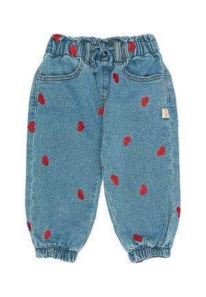 Pantalon en denim bleu clair avec des cœurs rouges brodés, taille élastique, cordon de serrage ajustable et poignets élastiques aux chevilles.