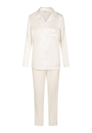 Cremefarbenes Satin-Pyjama-Set mit langen Ärmeln, durchgehender Knopfleiste und Taschendetail am Hemd; passende Hose mit geradem Schnitt.