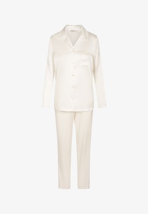 Cremefarbenes Satin-Pyjama-Set mit langen Ärmeln, durchgehender Knopfleiste und Taschendetail am Hemd; passende Hose mit geradem Schnitt.