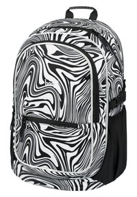 Zaino a righe zebra in bianco e nero dalla forma arrotondata, con compartimenti con zip e maniglia superiore per il trasporto. Realizzato in tessuto resistente.