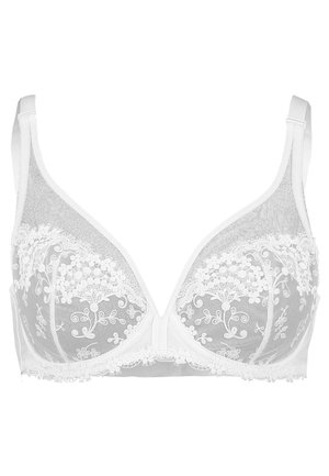 Reggiseno bianco in pizzo con coppe in rete trasparente, ricami floreali, bordi a scallop, spalline regolabili e chiusura con ganci sulla schiena.