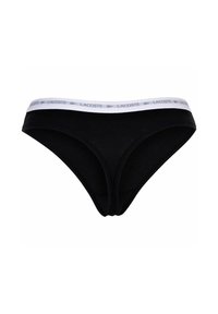 Schwarze Baumwollunterwäsche im Bikini-Stil mit einem weißen elastischen Bund, auf dem der Markenname "Lacoste" in grauen Buchstaben steht.