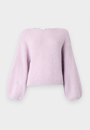 Valkoinen violetti neulepaita, jossa on löysä istuvuus, leveät puffi hihat ja ribattuja helmoja. Pehmeä rakenne ja pyöreä pääntie.