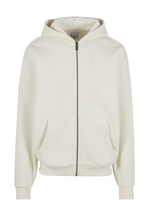 Kreemikas kapuutsiga džemper luku, nööriga kapuutsi, ees taskute, soonikkoes mansettide ja äärega, vasaku rinna kohal väikese tikitud logoga.