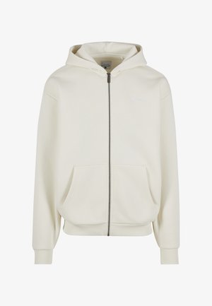 Crèmekleurige hoodie met een rits, capuchon met trekkoord, voorzakken, geribbelde boorden en zoom, met een klein geborduurd logo op de linkerborst.