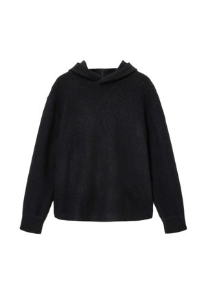 Felpa nera con cappuccio realizzata in un tessuto morbido e texturizzato. Presenta una vestibilità ampia, maniche lunghe e un design semplice senza ulteriori dettagli.