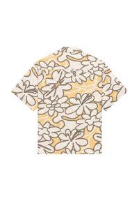 Camisa de manga corta con un patrón floral abstracto en beige, blanco y gris, vista desde la parte trasera.
