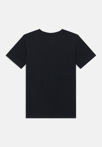 Black cotton t-shirt with short sleeves, round neck, and flat hem. No visible patterns or accents on the back view.