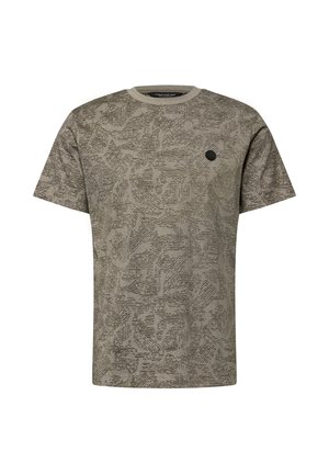 T-shirt a maniche corte in khaki con un motivo astratto stampato e una scollatura rotonda. Presenta un piccolo logo nero sul petto a sinistra.