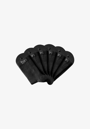 Schwarze Sportsocken im Pack, mit glatter Textur, abgerundetem Zehenbereich und kleinem weißen "Sport"-Schriftzug auf jeder Socke.