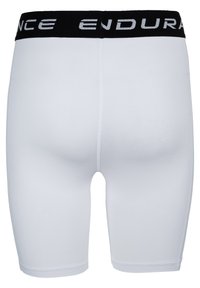 Witte sportshorts met een zwarte elastische tailleband met de tekst "ENDURANCE" in witte letters. Gladde textuur en aansluitend ontwerp.