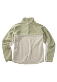 Fleece-Pullover in hellgrün und creme. Verfügt über einen hohen Kragen, lange Ärmel und eine weiche Textur mit Farbblockdesign.