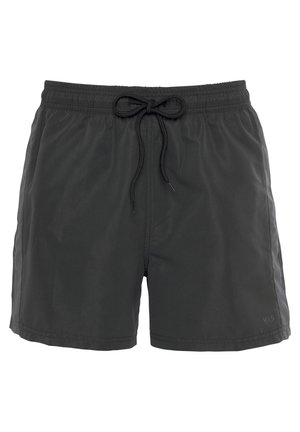 Schwarze Badeshorts aus leichtem, schnell trocknendem Material. Sie verfügen über einen elastischen Bund mit Kordelzug und haben keine zusätzlichen Muster.
