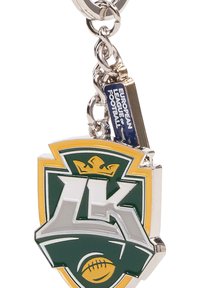 Metall-Schlüsselanhänger mit einem grünen und gelben Schilddesign, das die Buchstaben "LK", eine Krone und ein Fußball-Graphic zeigt. Mit silbernem Zubehör akzentuiert.