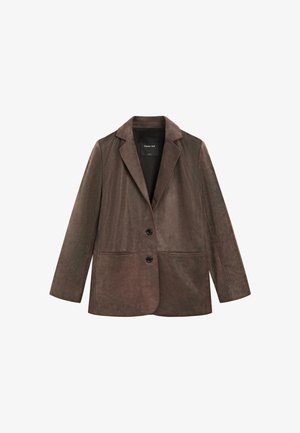 Brun læderblazer med struktureret design, der har en hakket krave, to forlommer og dobbeltknaplukning. Glat tekstur.