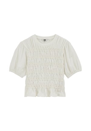 Weiße kurzärmelige Bluse mit gerafftem Vorderteil, rundem Ausschnitt, gesammelten Puffärmeln und gerafftem Saum.