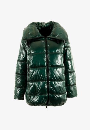 Groene, glanzende pufferjack met een hoge kraag, horizontaal gestikte ontwerpen en een rits aan de voorkant. Zwarte accenten en zijzakken zijn aanwezig.